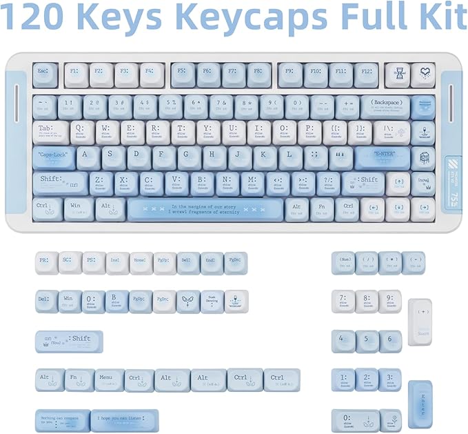 Blue PBT Keycaps, MOA Profile Keyboard Keycaps, Dye-Sub Keycap Set 120 Keys Cute Key Cap for 61/64/68/84/87/100/104/108 Cherry MX Switches Gaming Mechanical Keyboards