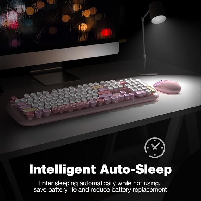 Retro Wireless Keyboard and Mouse Combo, SQMD Full-Size Office Typewriter Keyboard with Round Colorful Keycaps, 2.4G Cute Quiet Mouse for Windows PC, Home, Office, and College - Pink