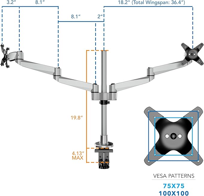 Mount-It! CLiX Dual Monitor Desk Mount Full Motion Arms, TAA-Compliant, Monitor Mounts for 2 Monitors 13-32" up to 19.8 lbs Each, VESA 75 100, C-Clamp Grommet, Premium Aluminum Dual Monitor Arm Silver