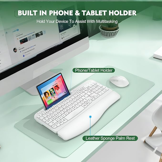Wireless Keyboard and Mouse Combo, Wave Keys Full-Sized Ergonomic Keyboard with Cushioned Plam Rest, Phone Holder, Comfortable Natural Typing, 2.4G Cordless Set for Computer, Laptop, Pc, Mac, Windows