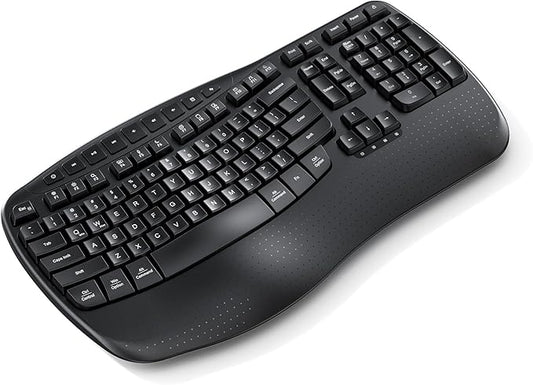 Doci Wireless Ergonomic Keyboard, Wave Keys Wrist Rest Natural Typing Keyboard, 2.4G USB-A Cordless Receiver and USB-C Adapter, Ergo Computer Keyboard, Windows/Mac/PC/Laptop, Black