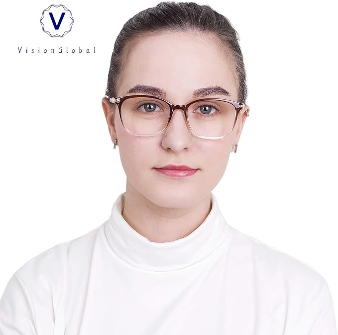 VisionGlobal Blue Light Blocking Glasses for Women Men, Stylish Square Frame(Clear Brown,No Magnification)