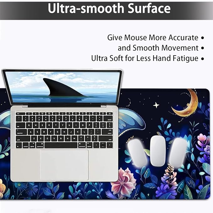 Large Mouse pad and Keyboard Support Set, Ergonomic Memory Foam Keyboard Wrist Rest, Extended Gaming Mouse Pad with Stitched Edges, Blue-Purple Moths and Moon Flowers XXL Desk Mat