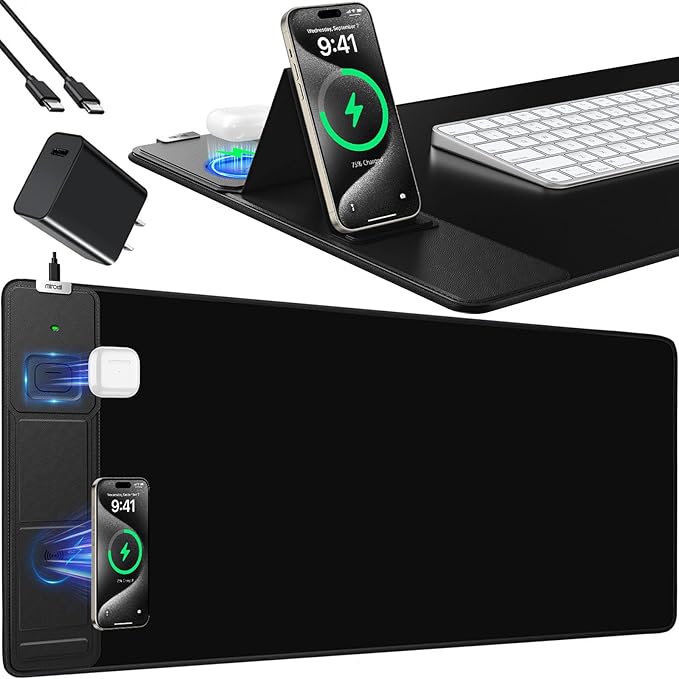 Mouse Pad with Foldable Phone Holder, Wireless Charging Desk Mat, 31.5"x15.8" Large Mousepad with Superior Micro-Weave Cloth, XXL Desk Pad with Non-Slip, Waterproof Keyboard Pad for Home & Office
