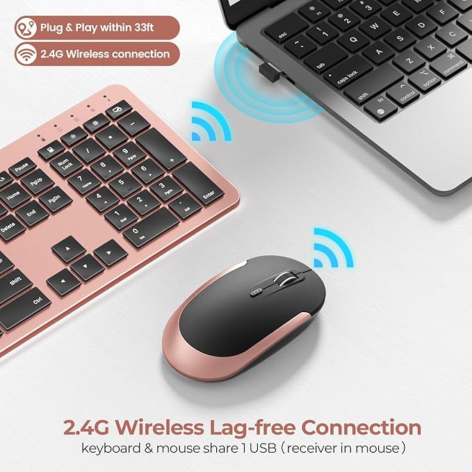 seenda Wireless Keyboard and Mouse Combo, Rechargeable Quiet Keyboard Mouse, Sleek and Ultra Thin Design, Full-Size with Number Pad for Windows, Laptop, PC, Notebook, Desktop (Rose Gold & Black)