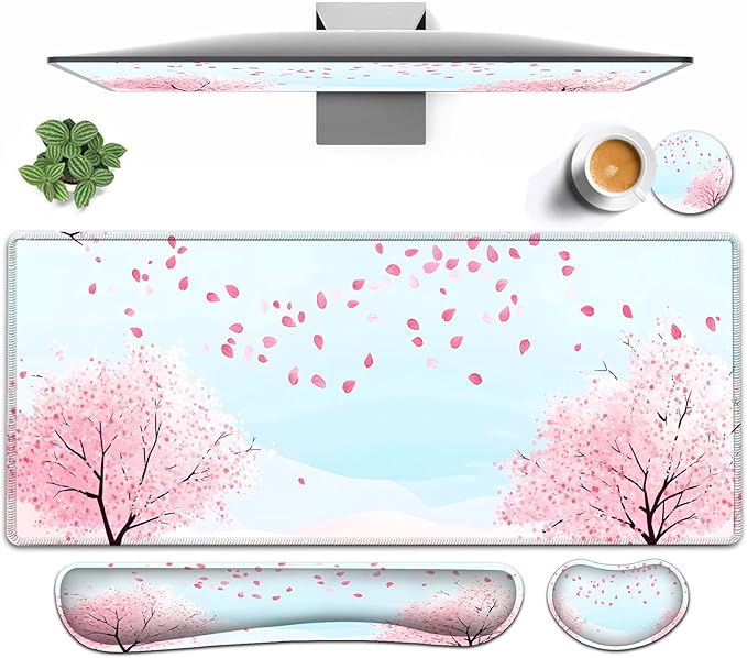 Large Mouse pad and Keyboard Support Set, Ergonomic Memory Foam Keyboard Wrist Rest, Extended Gaming Mouse Pad with Stitched Edges, Sakura Cherry Tree XXL Desk Mat (31.5 X 11.8 in)