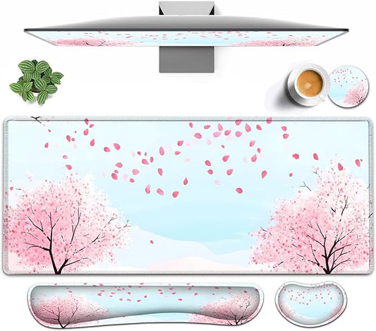 Large Mouse pad and Keyboard Support Set, Ergonomic Memory Foam Keyboard Wrist Rest, Extended Gaming Mouse Pad with Stitched Edges, Sakura Cherry Tree XXL Desk Mat (31.5 X 11.8 in)