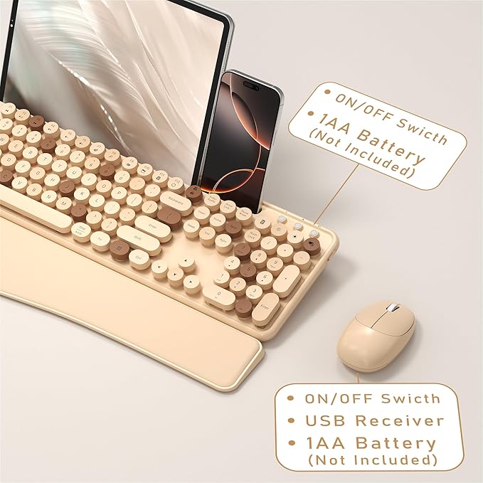 Colorful Wireless Computer Keyboard and Mouse Combo with Phone Holder, Wrist Rest, Typewriter Keys, 2.4GHz Wireless, Full-Sized Optical Mouse for PC and Laptop (Milk Tea)