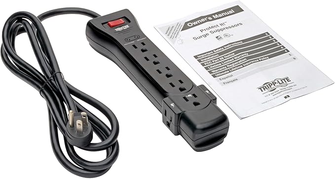 Eaton Tripp Lite Series SUPER7B Flat Plug Power Strip Surge Protector, 7 Outlets, 7ft Extension Cord, 2160 Joules, UL Listed & Certified, Black, Lifetime Manufacturer's Warranty & $75,000 Insurance