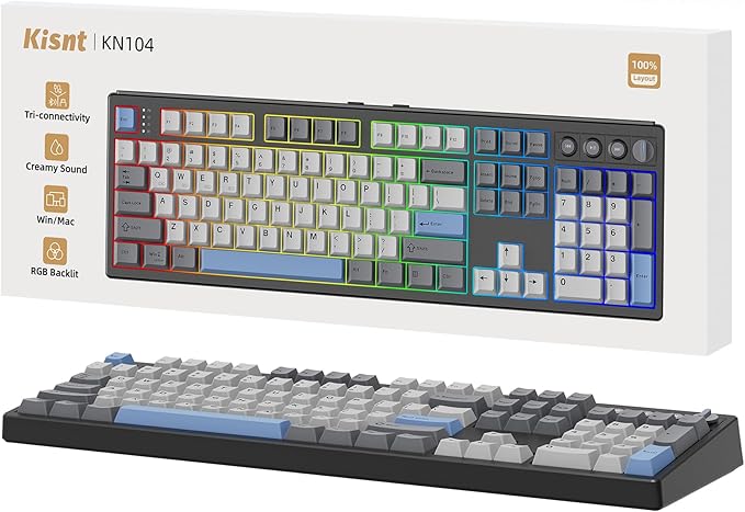 KN104 Wireless Mechanical Gaming Keyboard, 100% Full Size 104 Keys with Number Pad, Custom RGB Backlit, Creamy Sound, Hot Swappable, Bluetooth/2.4GHz/USB-C for Win/Mac/PC (Carbon Black)