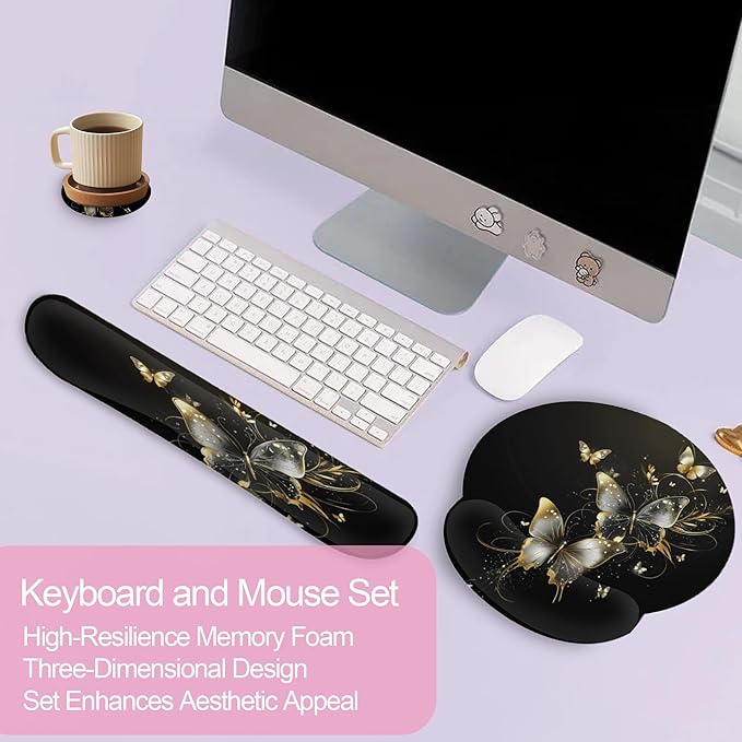 Golden Butterfly Keyboard Wrist Rest Pad Mouse Pad Set,Ergonomic Mousepad Wrist Support Memory Foam Desk Pad for Gaming Office,Non-Slip Rubber Base Easy Typing for Home Office Computers