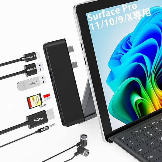 Surface Pro 11/10/9/X USB C Hub, Surface Pro 11 Hub Docking Station with 4K HDMI, Thunerbolt 4 (8K Video+Data+100W PD), 2*USB 3.0, 3.5mm Audio, SD/TF, Adapter for Surface Pro 11/10/9/X