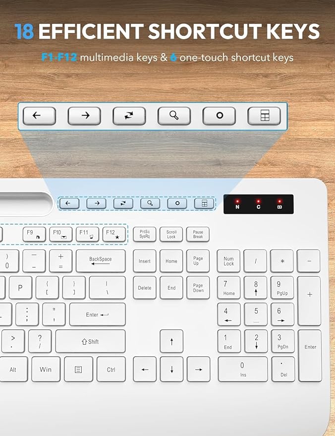 SABLUTE Wireless Keyboard and Mouse, Wrist Rest, Phone Holder, Batteries Included, 2.4G Lag-Free Ergonomic Keyboards Mouse Combo, Silent Keyboard Cordless Set for Computer, Laptop, PC, Windows, White