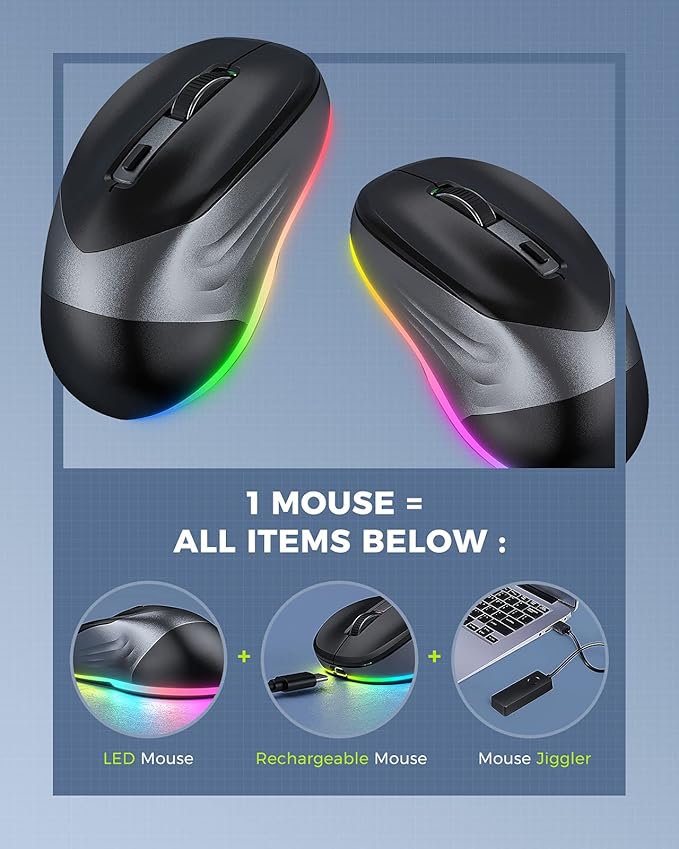 PEIOUS Wireless Mouse, Jiggler Mouse for Laptop - LED Mouse Rechargeable Computer Mice Mouse Mover Undetectable Random Movement with On/Off Button Keeps Computer Awake - Black&Grey