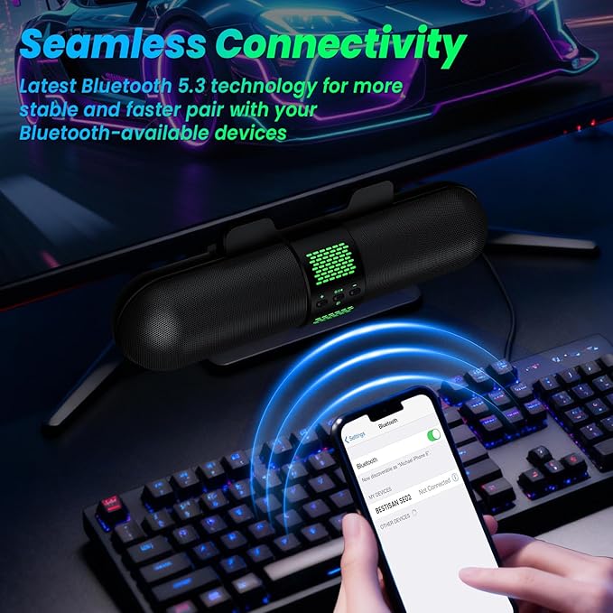 BESTISAN Computer Speaker, Bluetooth 5.3/Wired USB A/C Connection, 6 RGB Light Modes, Gaming Soundbar for PC/Laptop/Desktop, USB A/C Adapter, Loud Sound, Easily Clamps to Monitor, Convenient Controls