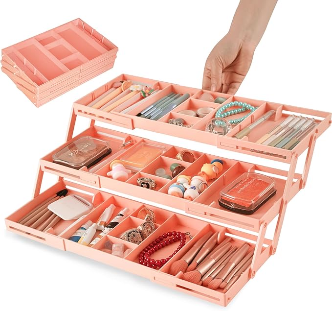 3 Tier Drawer Organizer - Expandable Junk Drawer Organizer Smart Office Supply Organizer, Folding Storage Multi-level Desk Organizer for Makeup,Jewelry,Kitchen Storage (1 Row 3 Tier, Pink)