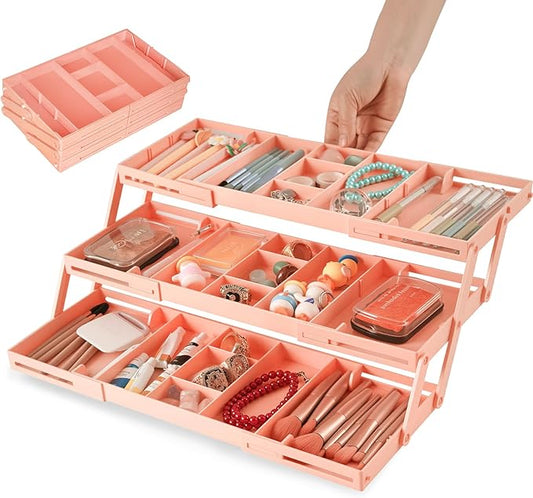 3 Tier Drawer Organizer - Expandable Junk Drawer Organizer Smart Office Supply Organizer, Folding Storage Multi-level Desk Organizer for Makeup,Jewelry,Kitchen Storage (1 Row 3 Tier, Pink)