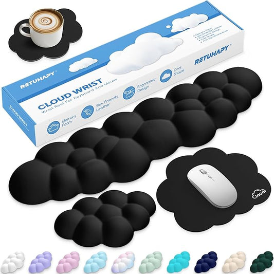 Cloud Wrist Rest Keyboard Cushion, 4-in-1 Ergonomic Cloud Keyboard Wrist Rest and Mouse Pad Set with Memory Foam Arm Support for Palm, Cute Desk Accessory for PC Gaming Setup, Black