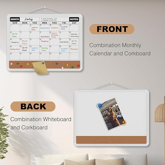 Monthly Calendar Dry Erase Board 16x12 Inch, Double-Sided Whiteboard and Corkboard Combo, Plastic Frame Wall Mounted Planner Organizer with Markers, Magnets, Push Pins, Eraser, for Home Office School