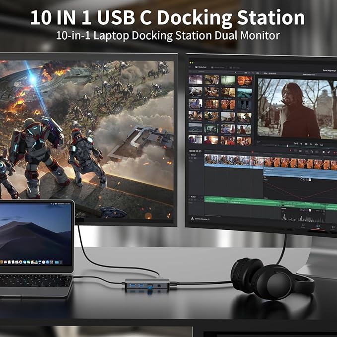 Docking Station Dual Monitor, 10-in-1 USB C Hub with Dual 4K HDMI, VGA, 100W PD, 1 x USB 3.0, 2 x USB 2.0, SD/TF Card Reader, 3.5mm Audio, Ideal for HP/Dell/Lenovo/Mac Laptops