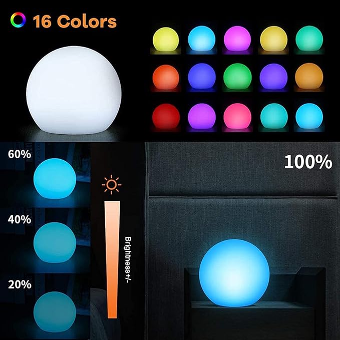 Borelor LED Ball Light, 10-Inch Rechargeable & Remote Control Globe Lights 16 RGB Colors Changing Indoor/Outdoor Night Light for Home/Party/Lawn/Desk Decoration