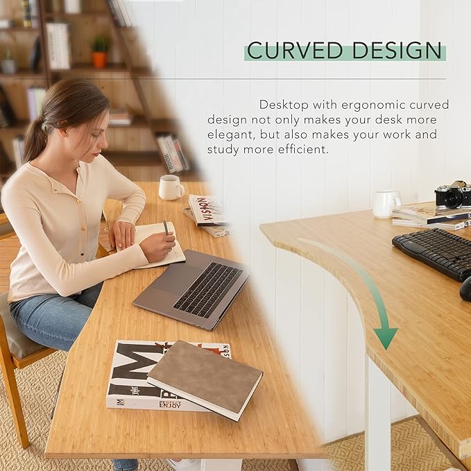 FlexiSpot E6 Bamboo 3-Stage Dual Motor 60 x 30 Electric Standing Desk Sit Stand Up Desk, Holds 220 lbs, Adjustable Height w/ Memory Presets, Solid Bamboo Curved Desktop & White Frame, Ships in 2 Boxes