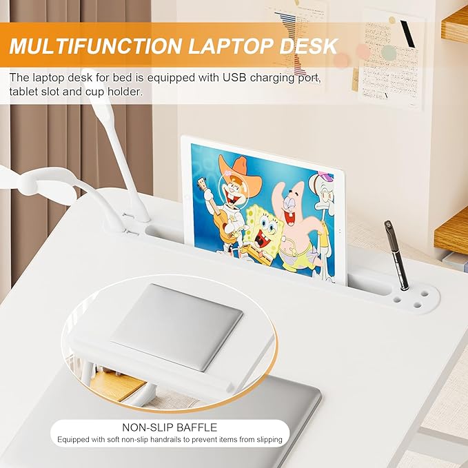 Laptop Desk for Bed, Adjustable Laptop Stand with 5 Different Angles, Portable Lap Tray Table with USB Charge Port and Cup Holder, Laptop Bed Desk Tray for Eating Working Writing (White)