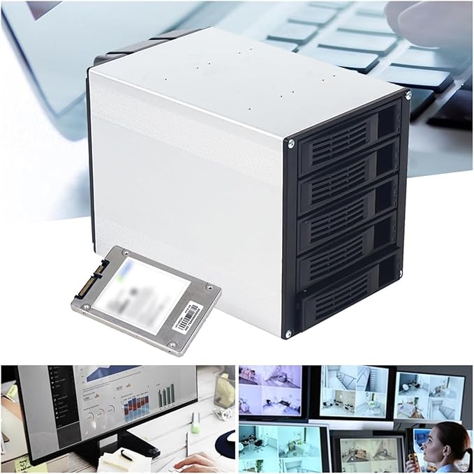 5 Bay Hard Drive Enclosure, Vertical External Hard Drive Docking SATA HDD SSD, Aluminum Alloy Drive Case Support, Power Adapter