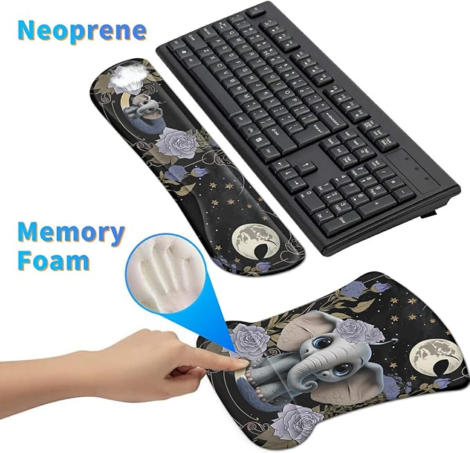 Ergonomic Mouse Pad with Wrist Support Gel Mouse Pads and Upgrade Keyboard Wrist Rest Pad Set, Coasters Non-Slip PU Base Mouse Mat for Office Gaming Computer Laptop Home, Flower Elephant