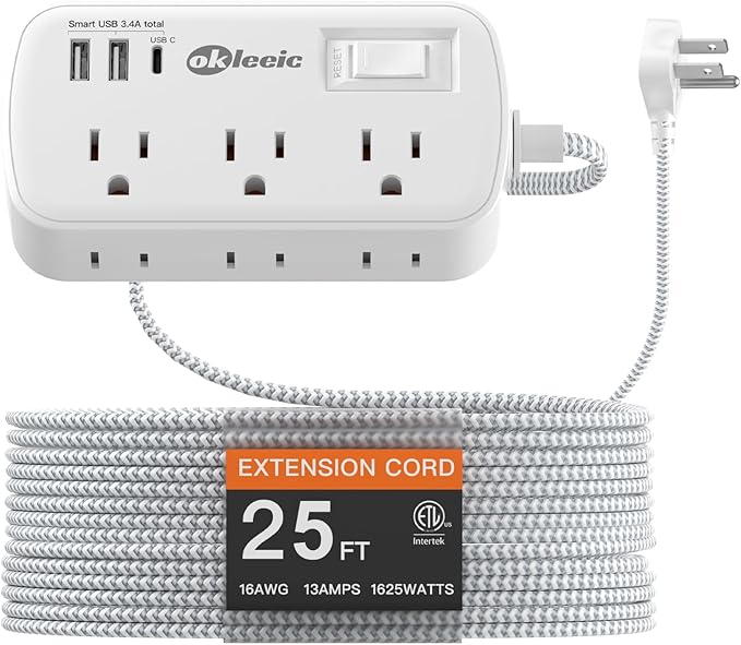 Extension Cord 25 FT Multiple Outlets Surge Protector Power Strip 6AC Outlets 3USB(5V/3.4A 17W), Flat Plug Long Braided Extension Cord, Wall Mountable for Home College Dorm 13A 1625W White