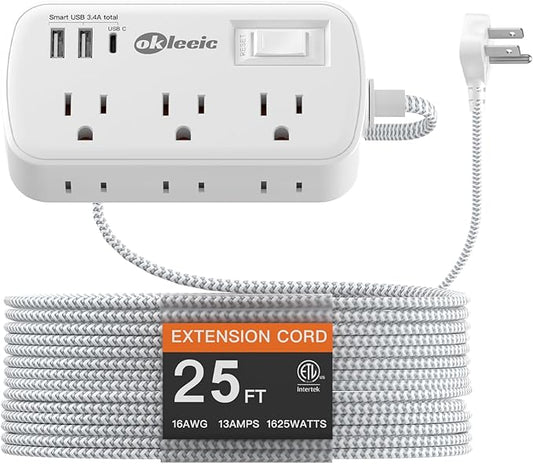 Extension Cord 25 FT Multiple Outlets Surge Protector Power Strip 6AC Outlets 3USB(5V/3.4A 17W), Flat Plug Long Braided Extension Cord, Wall Mountable for Home College Dorm 13A 1625W White