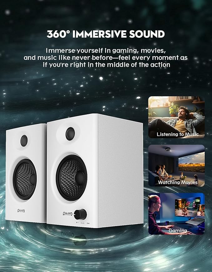 OHAYO 60W Computer Speakers for Gaming and Music, Active Bluetooth 5.3, Stereo 2.0 Speakers for Desktop PC Monitor or Laptop, Surround Sound Speaker, 3.5 mm Aux RCA Input, USB-Powered, 1 Pair, White