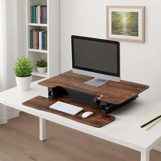 28 Inch Standing Desk Converter, 12-Position Adjustable Height Computer Desk Converter, Ergonomic for Use in Home Offices and Computer Workstations，Light Wood
