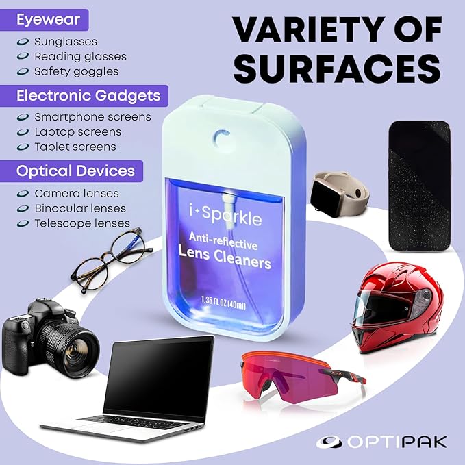 I-Sparkle Anti-Reflective Lens Cleaner Spray kit | (2x) 1.35oz Glasses Cleaner Spray + (2x) Microfiber Cloth for Eyeglasses, Sunglasses, Lenses, Screens and Camera Cleaning Kit (4 Piece Set)