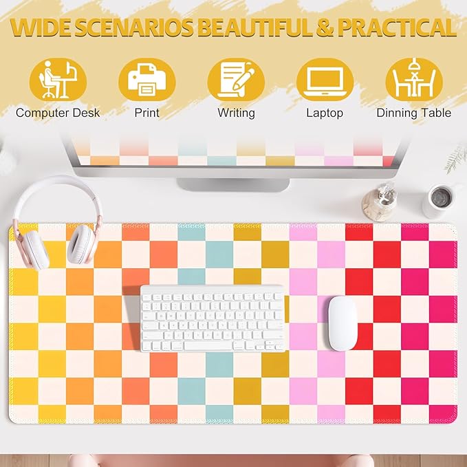Desk Mat for Keyboard and Mouse, Non-Slip Large Mouse Pad Keyboard Pad, Computer Mats for Desktop, Cute Desk Pad with Stitched Edges for Office, Gaming I Rainbow Checkerboard