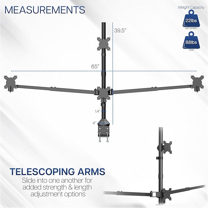 VIVO Premium Quad Ultra Wide LCD LED 27 to 38 inch Monitor Desk Mount, Heavy Duty C-clamp, Extra Tall Pole, Adjustable Telescoping Arms, Flush Wall Setup, Fits 4 Screens, Black, STAND-TS4CT