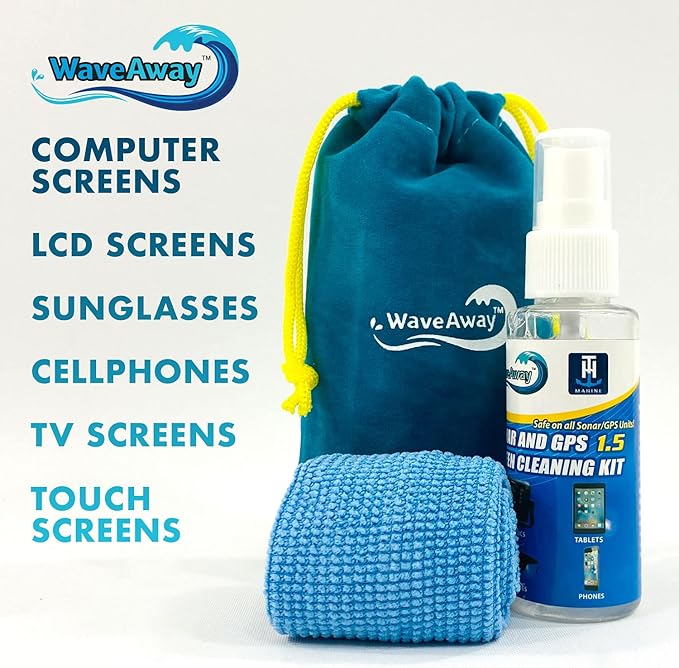 T-H Marine Wave Away Sonar & GPS Screen Cleaner Kit – Ammonia-Free LCD Screen Cleaner with Microfiber Cloth – Drip-Resistant, Streak-Free Solution for Electronics & Sunglasses – 1.5oz