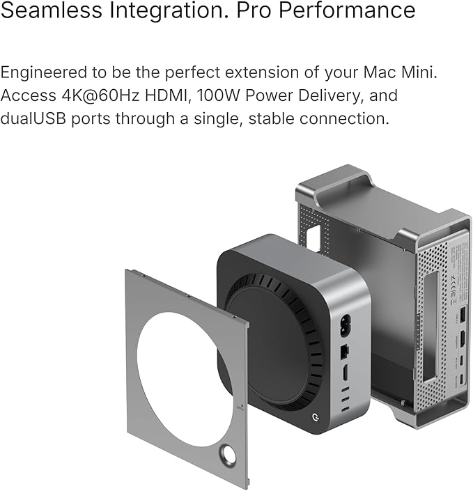 Mac mini M4 / M4 Pro Dock, Vertical Stand with M.2 NVMe/SATA SSD Enclosure, 4K@60Hz HDMI, 10Gbps USB-C/A, SD/TF, 3.5mm Audio, 100W PD, Aluminum Docking Station