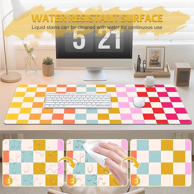 Desk Mat for Keyboard and Mouse, Non-Slip Large Mouse Pad Keyboard Pad, Computer Mats for Desktop, Cute Desk Pad with Stitched Edges for Office, Gaming I Rainbow Checkerboard