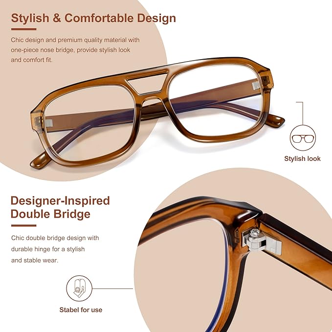 Madison Avenue Retro Aviator Blue Light Blocking Glasses for Women Men with Case, Trendy Rectangle Computer Eyeglasses