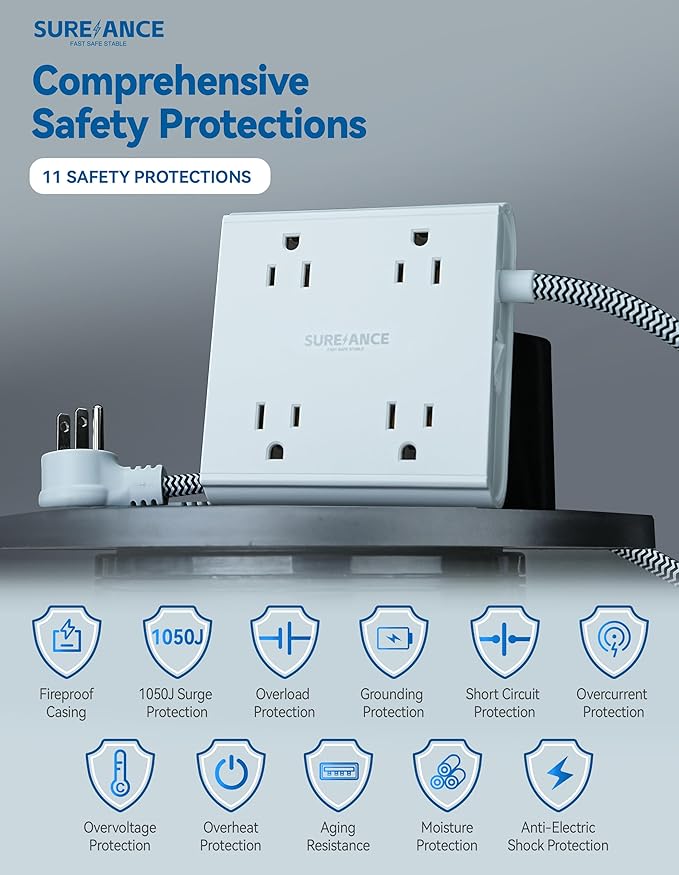 4-Outlet Power Strip with USB C-SUREANCE Surge Protector, 4 USB Ports, 1050J, 5FT Extension Cord, Flat Plug, Wall Mountable, ETL Listed - Desktop Charging Station for Home, Office, Dorm Essentials