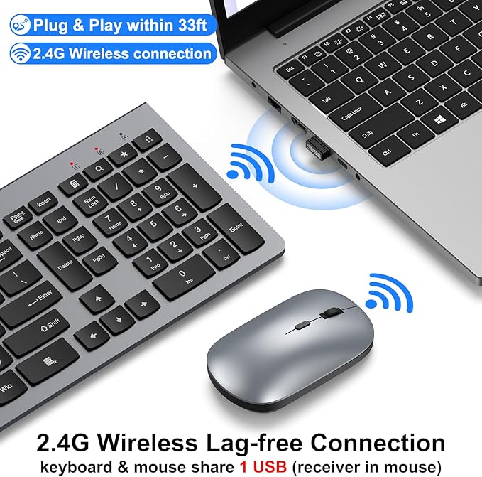 Wireless Keyboard and Mouse Combo - Ultra-Slim Design Full Size Quiet Keyboard with 3 DPI Adjustable Wireless Mouse,Sleep Mode,2.4G Cordless Thin Keyboard Mouse Set for Windows,Mac,Laptop