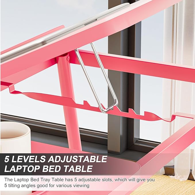 Laptop Desk for Bed, Adjustable Laptops Stand with 5 Adjustable Angles, Portable Lap Tray Table with Cup Holder, Laptop Bed Desk Tray for Eating Working Writing Reading (Pink)