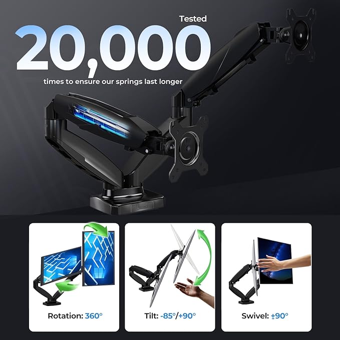Dual Monitor Arm Stand - Holds 2 Computer Screens up to 32 Inches & 20 lbs Each, Pneumatic Height Adjustable Desk Mount with Articulating Swivel Arms, Full Motion VESA Bracket