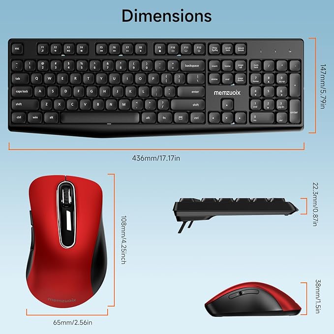 Wireless Keyboard and Mouse Combo, memzuoix 2.4G Full-Size Ergonomic Keyboard Mouse Set, Lag-Free Cordless One USB Receiver for PC, Laptop, Windows, Mac(Black Keyboard + Red Mouse)