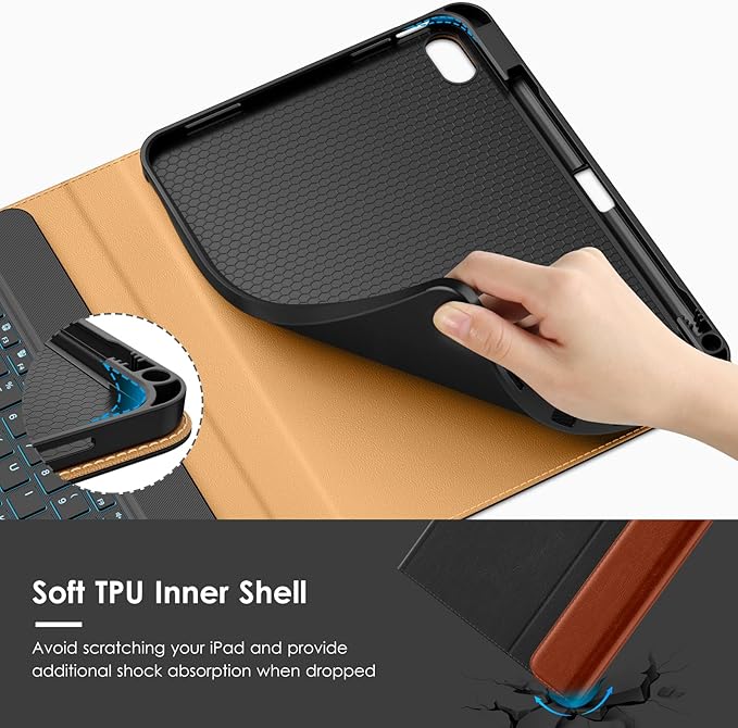 VIKESI Keyboard Case for iPad (A16,2025) 11th Generation/iPad 10th Generation Case (10.9" 2022),Premium Leather Smart Cover,Built-in Breathing Light,Function Row,Pencil Holder,Card Slots - Black Brown