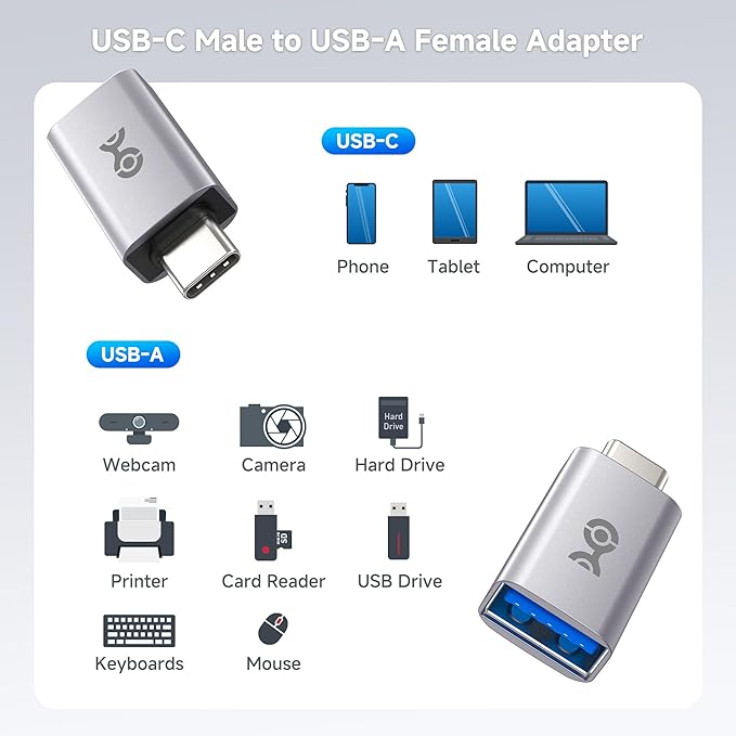Cable Matters 2-Pack 10Gbps USB C to USB Adapter Male to Female for High-Speed Data Transferring & Fast Charging, Reversible USBC, USBA to USBC Adapter for iPhone 17/16, iPad Pro, Galaxy S23