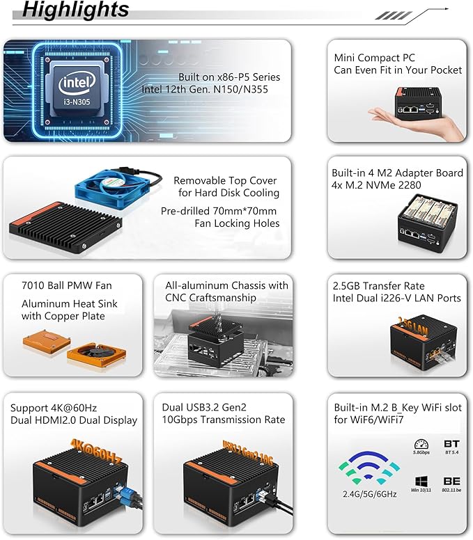 StoneStorm 4-Bay NAS Mini PC Dual 2.5GbE i226-v LAN Ports, N355 with DDR5 MAX 48GB, 4 M.2 NVMe 2280, Dual 4K Display, 2 USB3.2 10Gbps for Micro Firewall Router/Pocket Computer (Barebone)