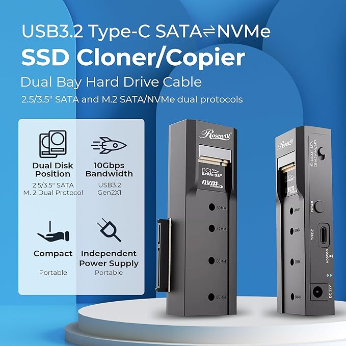 Rosewill NVME to 2.5'' 3.5'' Offline Clone Enclosure, M.2 to SATA SSD HDD Cloner, USB-C Type-C Max 10Gbps Standalone Clone Duplicator - RS-NS-CL