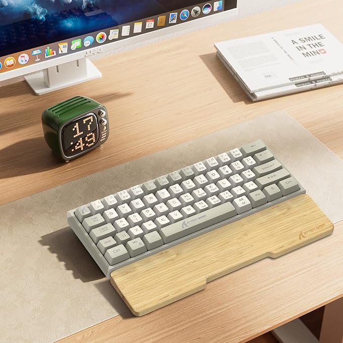 ATTACK SHARK Bamboo Wrist Rest for Computer Keyboard，Ergonomic Hard Palm Rest for Comfortable Typing Pain Relief，Anti-Slip Wrist Support for Office, Gaming, Laptop (61 Key)